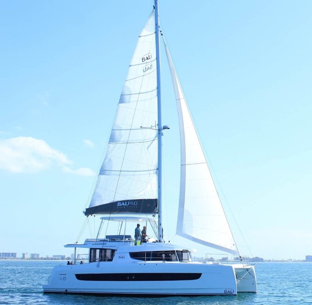 bali sailing catamaran in the gulf of mexico with sails up