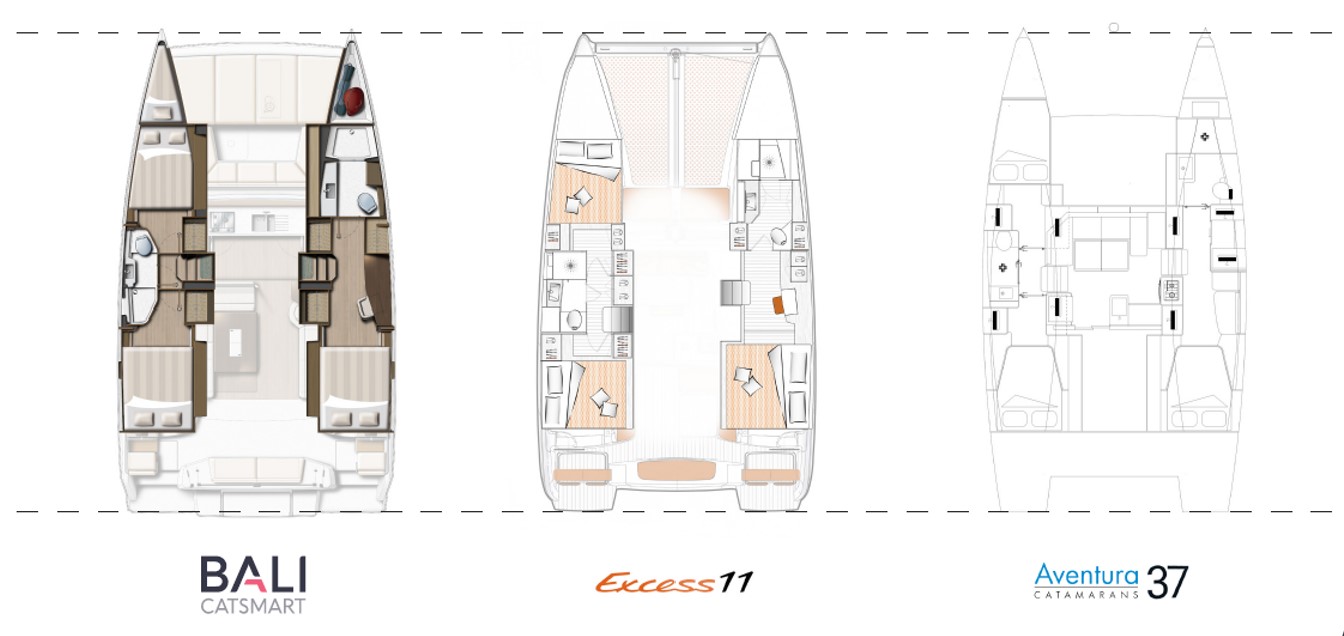 Bali catsmart floor plan comparison to other sailing catamarans in the same class. 
